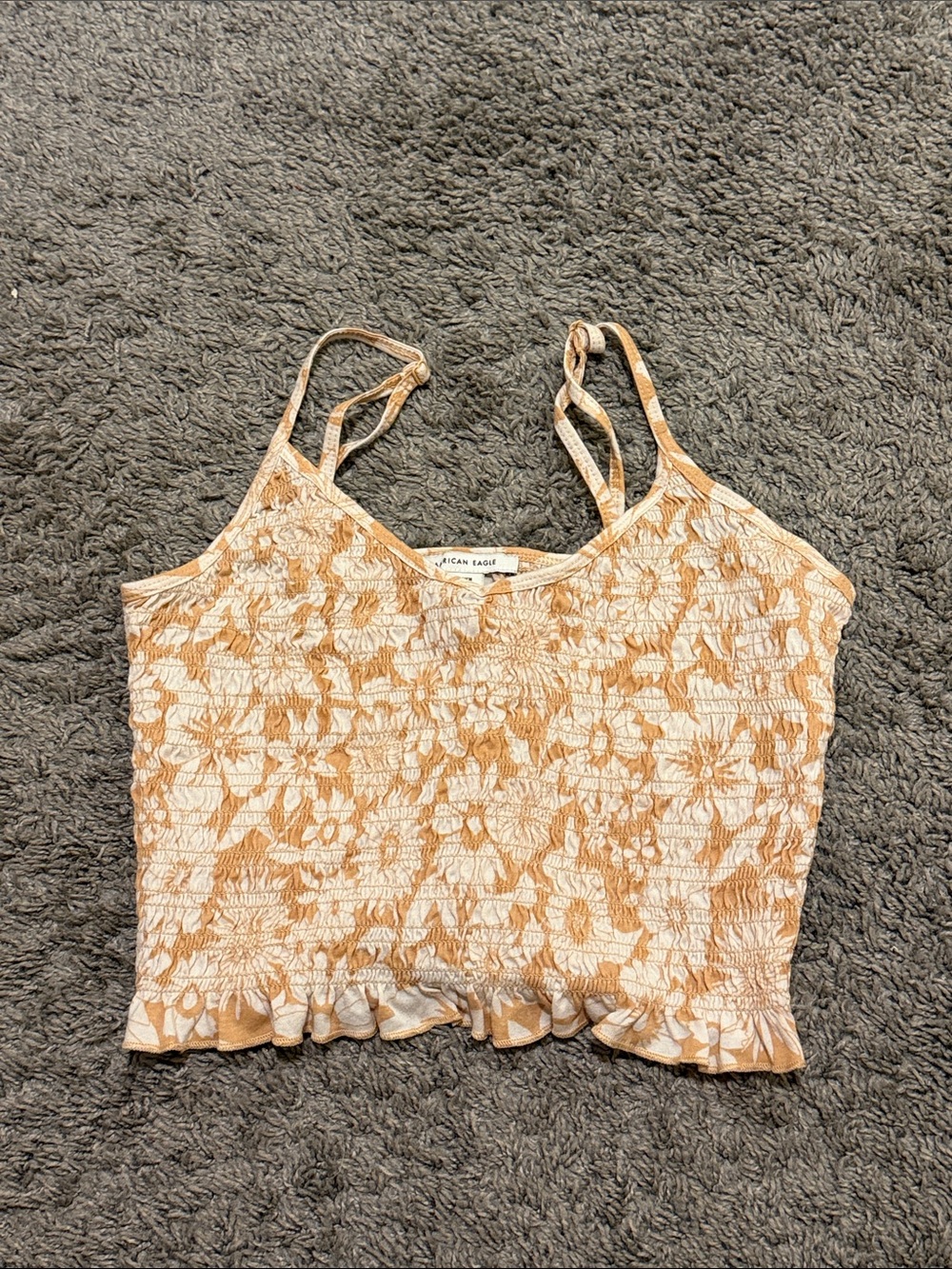 American Eagle Outfitters Floral Smocked Crop Top in Cream and Tan